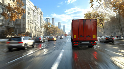 Obraz premium Red Semi Truck Driving Down a Busy City Street 3D Illustration