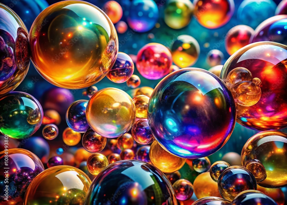 Poster abstract background of colorful glossy spheres in various sizes for playful and futuristic design co