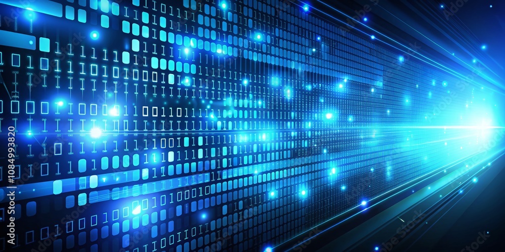 Fototapete abstract background featuring blue binary code with glowing lights, ideal for technology themes and 