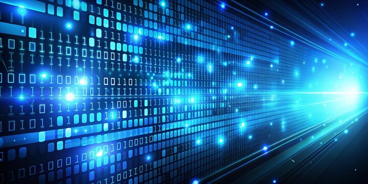 Abstract Background Featuring Blue Binary Code with Glowing Lights, Ideal for Technology Themes and Digital Concepts, Providing Space for Custom Text and Creative Designs