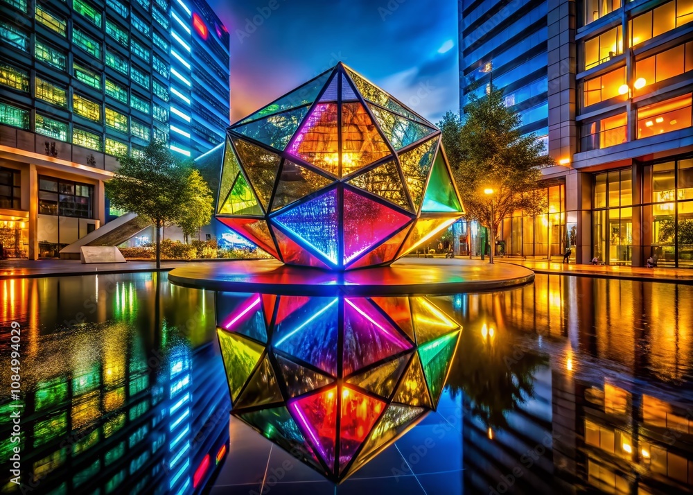 Poster abstract colorful geometric sculpture with soft reflections illuminated at night, showcasing vibrant