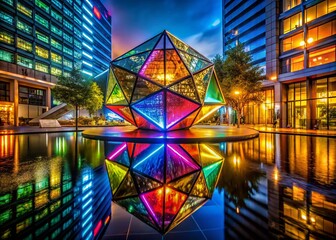 Fototapeta premium Abstract Colorful Geometric Sculpture with Soft Reflections Illuminated at Night, Showcasing Vibrant Patterns and Light Play in a Captivating Urban Environment