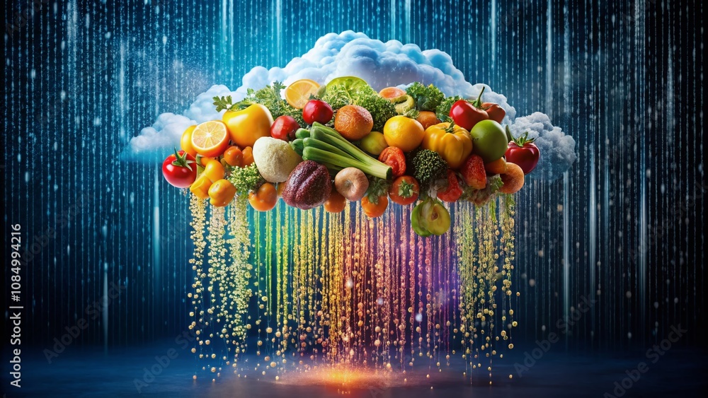 Poster abstract data cloud with binary code rain: a unique food photography concept showcasing the intersec