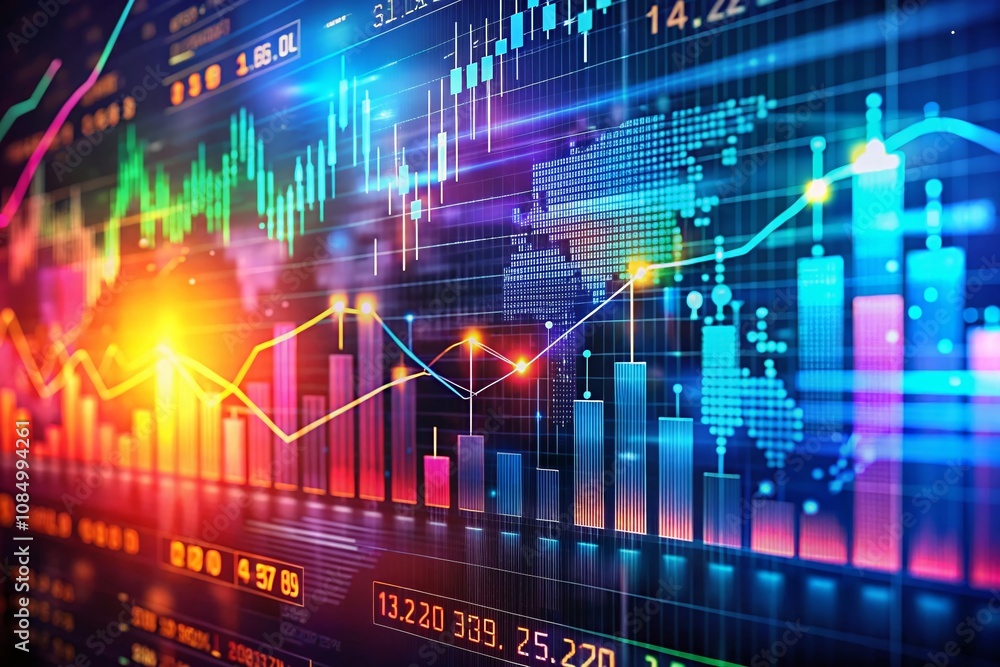 Poster abstract digital data visualization highlighting stock market trends with vibrant colors and financi