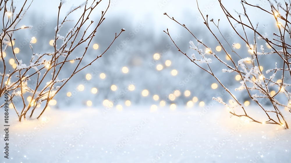 Poster sparkling winter wonderland with soft snow and glowing bokeh lights creating a magical atmosphere