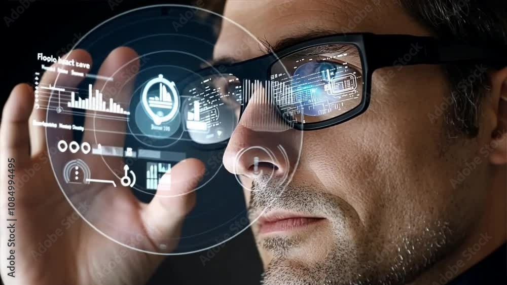 Poster tech visionary: man with futuristic smart glasses analyzing data. a close-up shot of a man's face, i