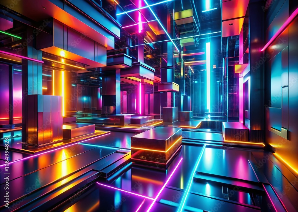 Poster abstract neon 3d render of an empty scene featuring vibrant colors, dynamic shapes, and a tilt-shift