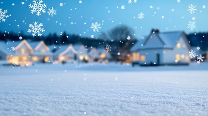 Fototapeta premium Magical Winter Scene of Snowy Houses Illuminated with Warm Lights Under a Gentle Snowfall