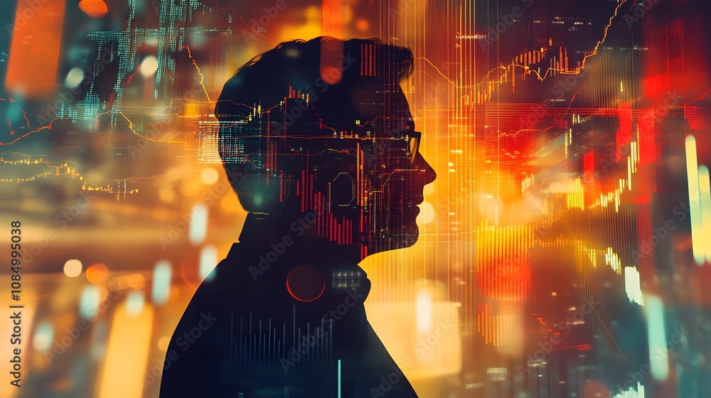 Poster 4. a double exposure of a corporate leader surrounded by abstract data streams and stock charts
