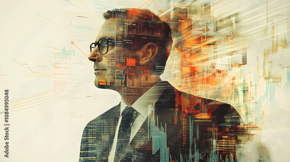 Poster 4. a double exposure of a corporate leader surrounded by abstract data streams and stock charts