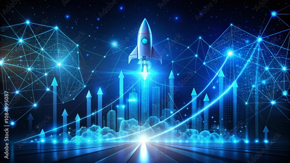 Poster abstract representation of digital growth with upward arrows and rocket launch on a dark blue techno