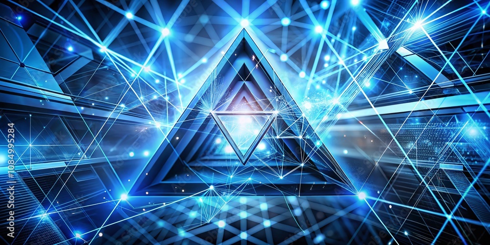 Poster abstract technology concept featuring blue network lines intersecting with a geometric triangle patt