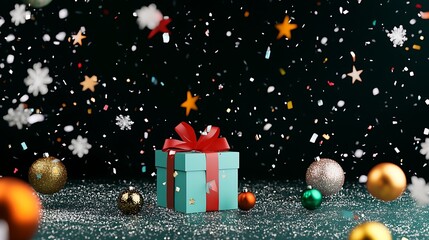 Festive Christmas Gift Box Surrounded by Colorful Ornaments and Glittering Confetti in a Joyful Atmosphere