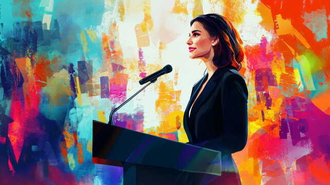 confident businesswoman giving keynote speech at colorful conference, inspiring audience with her powerful presence and eloquence