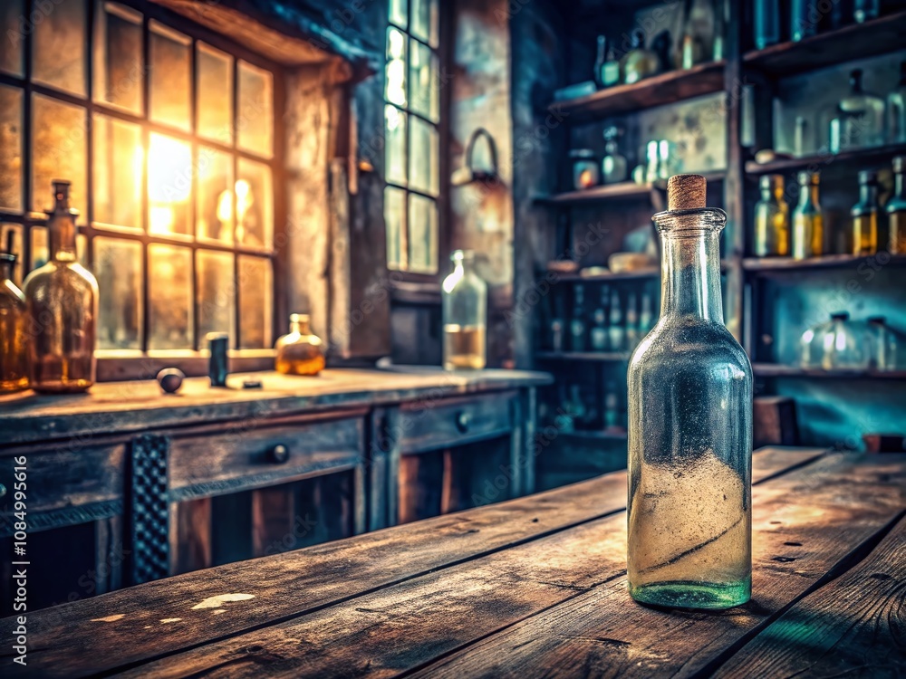 Poster A Captivating Glass Bottle with Cork Stopper on Wooden Counter Surrounded by an Array of Bottles in a Rustic Urban Exploration Setting