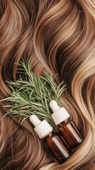 Two dropper bottles of hair oil are placed on wavy, textured hair, accompanied by fresh green rosemary sprigs.