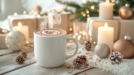Fototapeta premium Warm Cup of Hot Chocolate Surrounded by Festive Decorations, Candles, Pine Cones, and Ornaments in a Cozy Holiday Setting on a Wooden Table