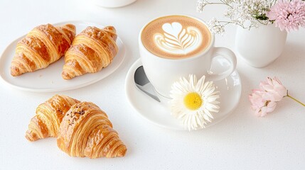 Delicious Breakfast Scene Featuring Croissants and Coffee with Latte Art Surrounded by Delicate Flowers on a Minimalist Table Setting