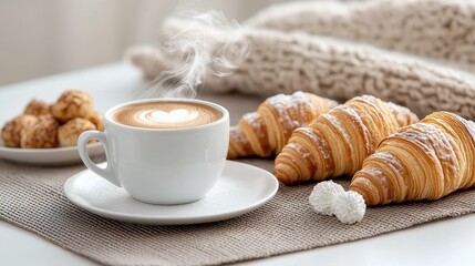 Warm Fresh Coffee and Croissants with Sweet Treats on Cozy Table Setting Perfect for Morning Enjoyment and Relaxation in a Comfortable Home Environment