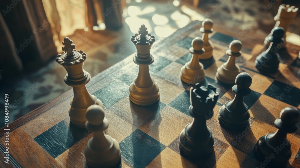 Poster a serene chess room with a grand chessboard, elegant chess pieces set for a game, classic intellectu