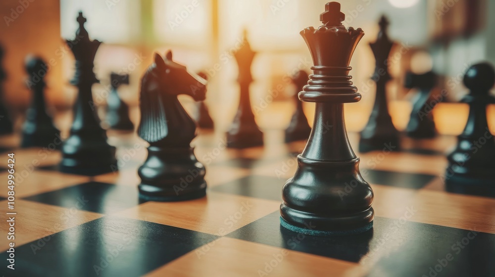 Poster a serene chess room with a grand chessboard, elegant chess pieces set for a game, classic intellectu