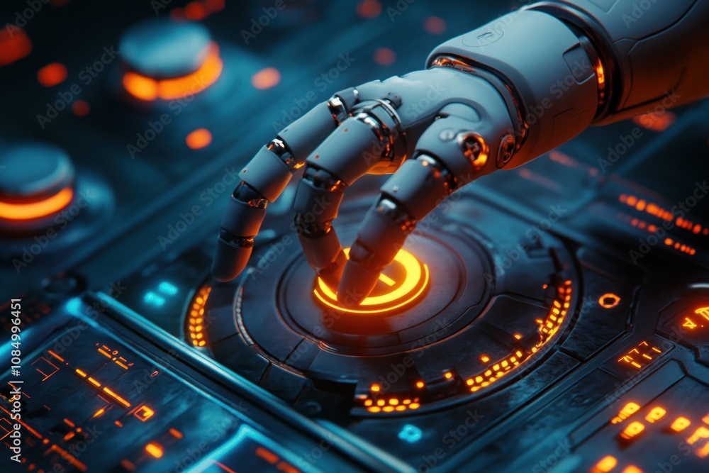 Poster a robotic hand reaches down to press a glowing button on a futuristic control panel.