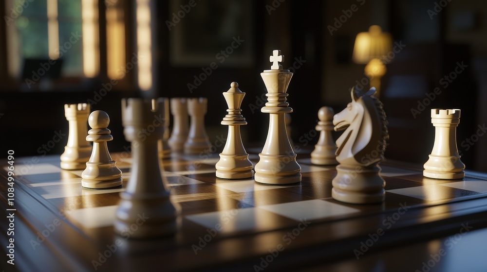 Poster a serene chess room with a grand chessboard, elegant chess pieces set for a game, classic intellectu