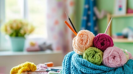 A serene corner with a variety of crochet tools and colorful yarn, An inviting room with supplies for crocheting, Cozy crafting style