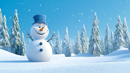 Happy Snowman Smiling in a Winter Wonderland Surrounded by Snowy Pine Trees