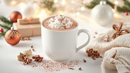 Cozy Hot Chocolate in a White Mug Surrounded by Holiday Decor and Gifts, Creating a Warm and Inviting Winter Atmosphere Perfect for Seasonal Celebrations