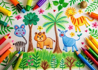 Adorable Wax Crayon Jungle Drawings by a Child Featuring Doodles of Animals and Plants in a Minimalist Style, Perfect for Capturing Innocence and Creativity in Art