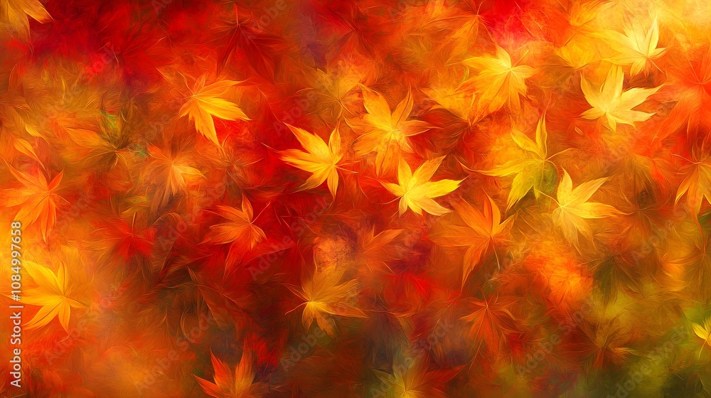 Poster artistic and colorful pattern of red, orange, and yellow leaves with intricate details, creating a d