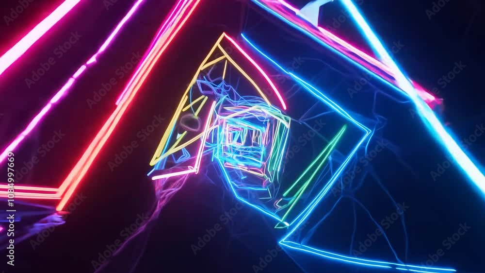 Poster vibrant neon lights flicker and pulse around a central point, creating a dazzling explosion of color