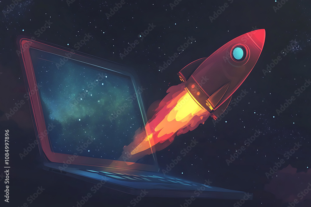 Poster a rocket launching from an open laptop, symbolizing innovation and exploration in technology.