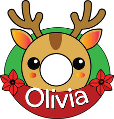 Olivia Holiday Wreath, Personalized Name Reindeer Gift:Bring joy with a delightful personalized reindeer-themed wreath for your loved ones this holiday season.