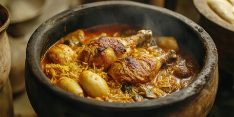 Steaming hot chicken and rice stew in a rustic earthenware pot.