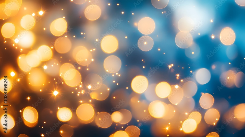 Poster abstract background of warm, glowing bokeh lights in gold and blue tones, creating a festive and mag