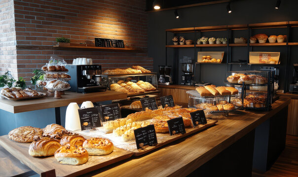 Inviting bakery display fresh bread and pastries warm, inviting atmosphere