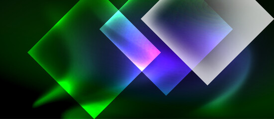 Glass squares with neon shiny light abstract background