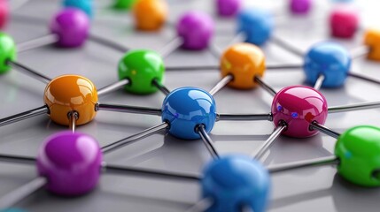 Colorful molecular network with vibrant spheres and connecting lines representing scientific research, collaboration, and innovation in technology and design.