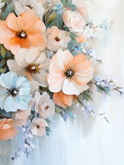 Elegant, hand-painted acrylic flowers in soft hues of peach, lavender, and light blue, delicately resting on a clean, white background for a serene look.