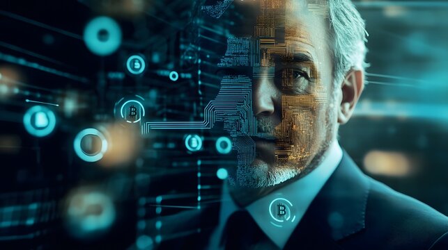 12. A businessman is portrait merged with images of digital currency, blockchain graphics, and corporate growth symbols - Powered by Adobe