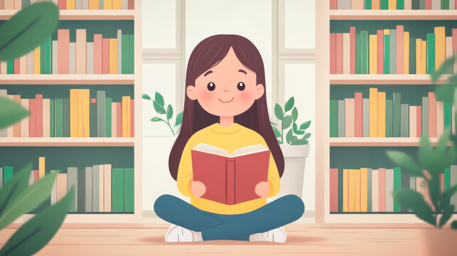 happy Child In School Library Kids Reading Books