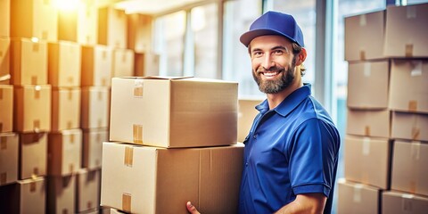 Parcel Delivery Worker Smiling with Parcels - Illustration