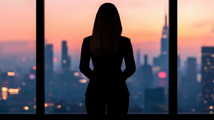 Fototapeta premium Silhouette of a Businesswoman Gazing at a City Skyline During Sunset with Beautiful Colors Reflecting in the Glass Windows from a High Rise Building