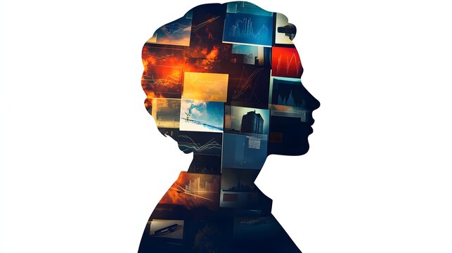 14. A silhouette of a leader with overlapping transparent images of business meetings, contracts, and brainstorming sessions