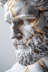 Stoic Marble Sculpture with Kintsugi Gold Accents in a Surreal Abstract Galaxy Universe
