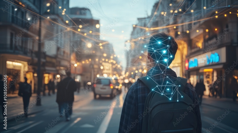 Fototapete A man walking down a city street at night with a glowing network of lines connecting his head.