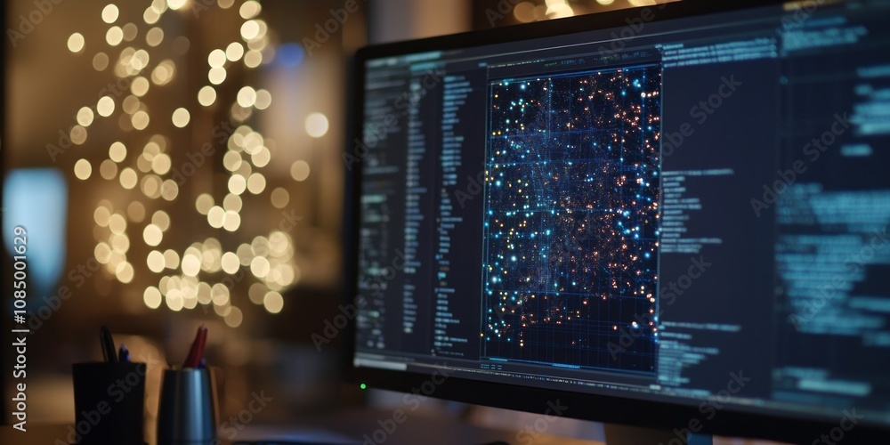 Poster Close-up of a computer monitor displaying code and a data visualization with a blurred background of Christmas lights.