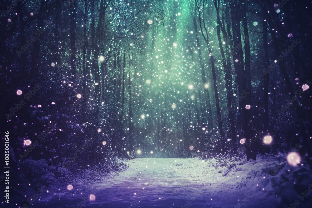 Poster enchanting winter wonderland: a mystical forest scene with ethereal snowflakes and soft light filter